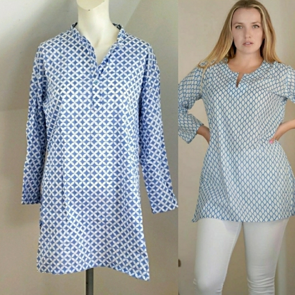 Three Islands 100% Cotton light blue & white pattern Tunic, Size M